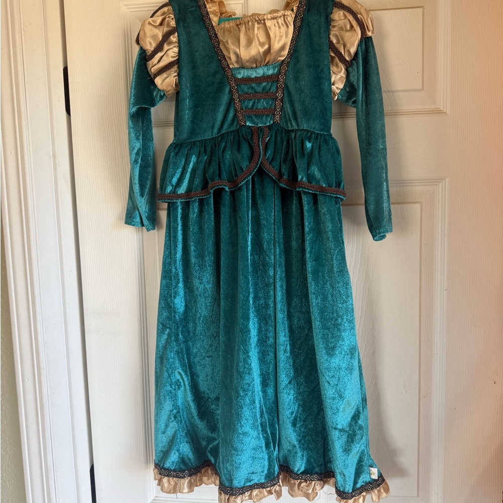 5-7 Girls Renaissance Teal & Gold Velvet Princess Costume Dress—like Brave